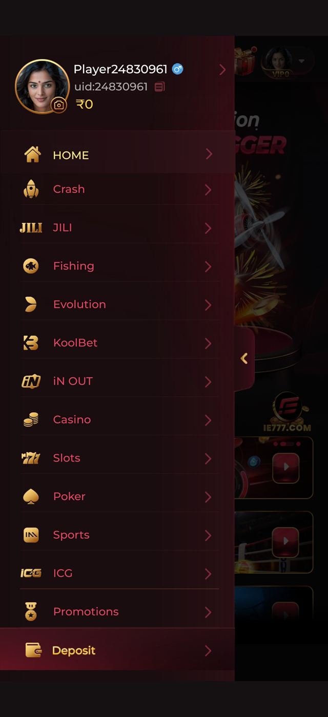 IN7 game app side menu showing Crash, JILI, Fishing, Evolution, Casino, Slots, Poker and Sports categories