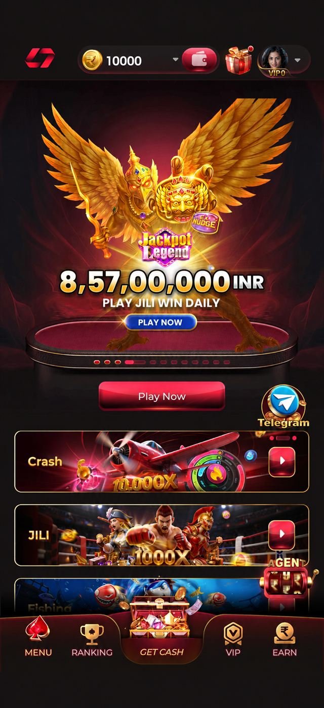 IN7 app home screen with the jackpot legend banner and Play Now button